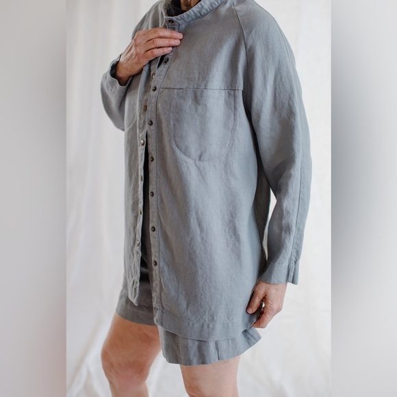 Cedar & Vine Tops - Cedar & Vine Lisa Shirt 100% Linen Light Gray Button Down Made In Canada